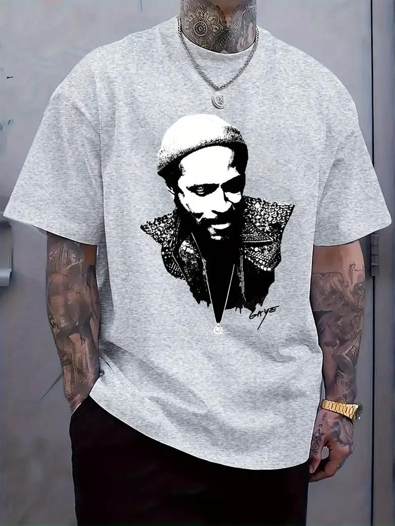 Black & White Portrait Print T-shirt - Casual Crew Neck Short Sleeve Tee with Embroidered Design