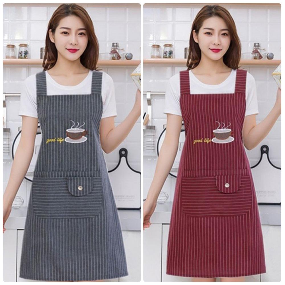 Cute Cotton Kitchen Apron Household Oil-Proof Coffee Chef Hand Wipe Apron With Big Pocket Women Baking BBQ Accessories