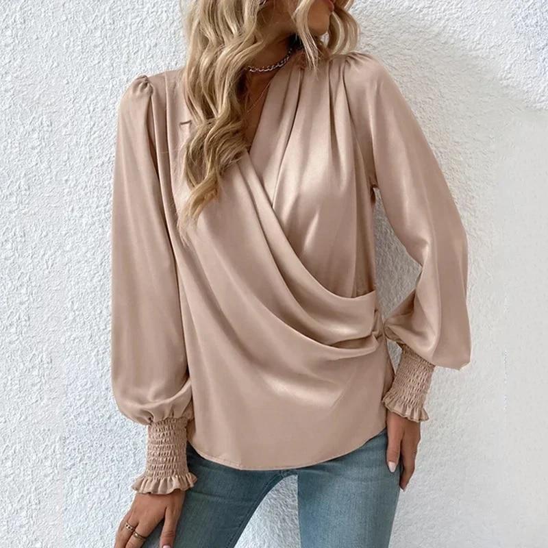 Elegant Pleated Loose Shirt Female Lantern Sleeve Women Pullover Blouse Cross V-neck Simple Solid Shirts Casual Tops Mujer 29658