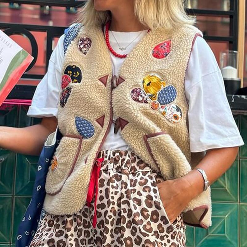 Женский повседневный жилет из овечьей шерсти с принтом, V-образным вырезом, без рукавов, с роговыми пуговицами, карманами, майками, осенний винтажный уличный жилет