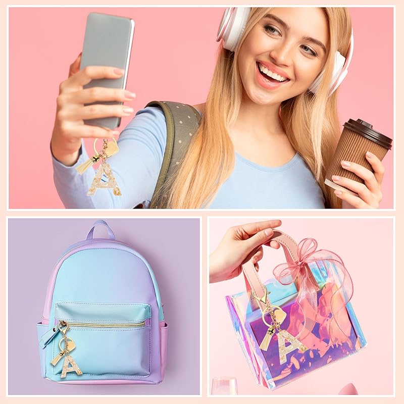 [PATIKIL] alphabet initial letter keychain Cute resin keychain Tassel heart letter A pendant decoration Women's Key Pieces Handbag Backpack Bag
