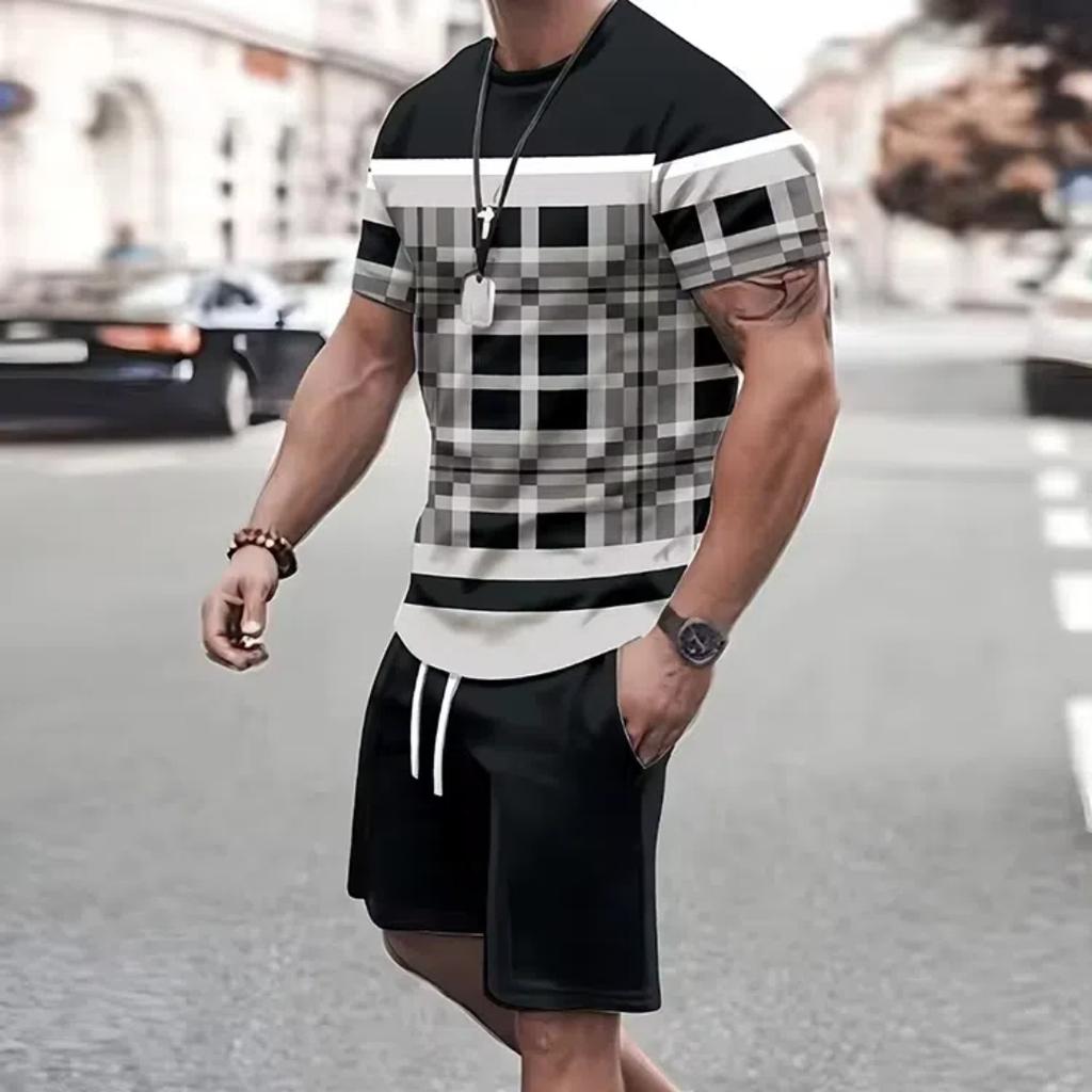 Летний уличный мужской костюм с короткими рукавами, повседневный, повседневный, модный, с короткими рукавами, для активного отдыха, спортивные шорты, новаторский полосатый принт
