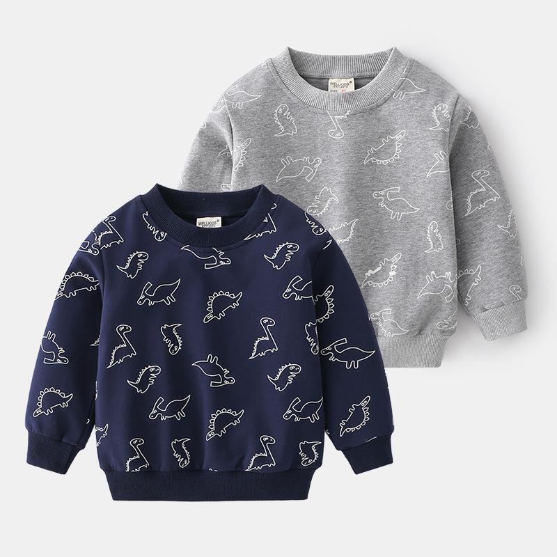 Casual long-sleeved children's sweater, dinosaur stick figure cartoon non-hooded jumper, blue and gray cute boys sweater