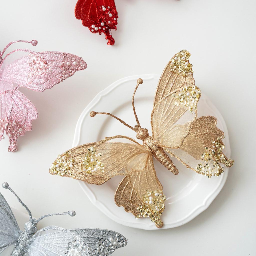 1pc 25cm Simulation Mesh Glitter Butterfly Decoration Christmas Tree Decoration Pendant Living Room Decoration Christmas Tree Embellishment