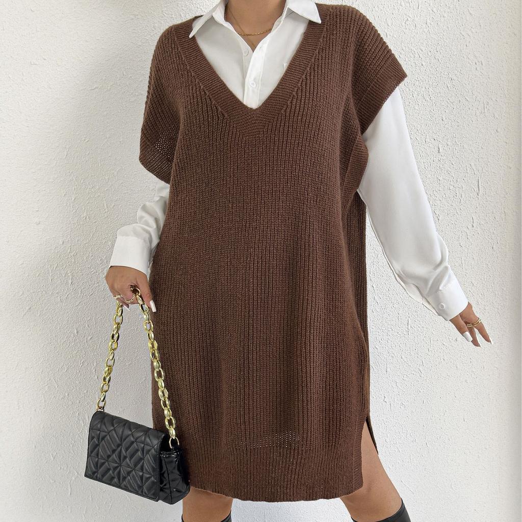 A Lady's Long Waistcoat, Deep V Loose Casual Sweater, Vest Dress