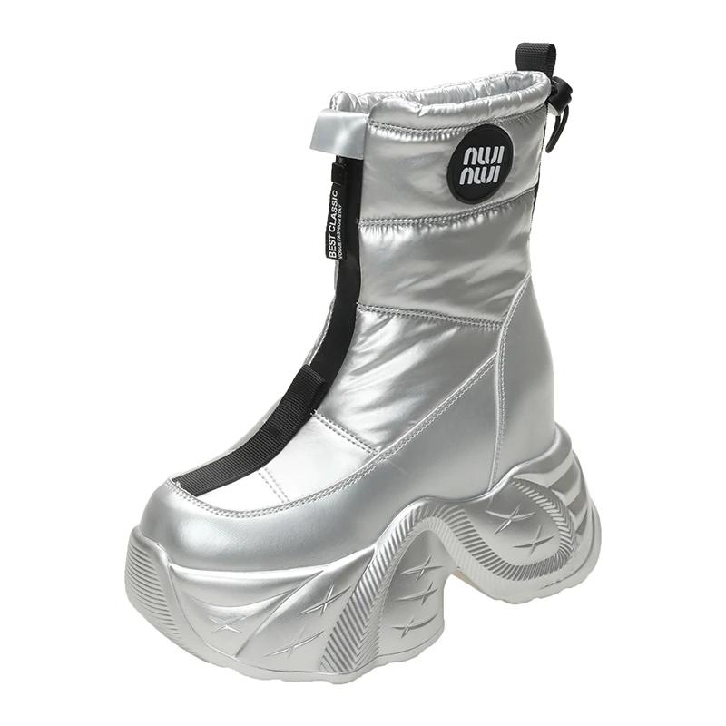 Модные 10 см Зимние женские меховые сноубутсы Сохраняют тепло Массивные короткие ботинки Уличная плюшевая обувь до середины икры Платформа Противоскользящие кожаные кроссовки