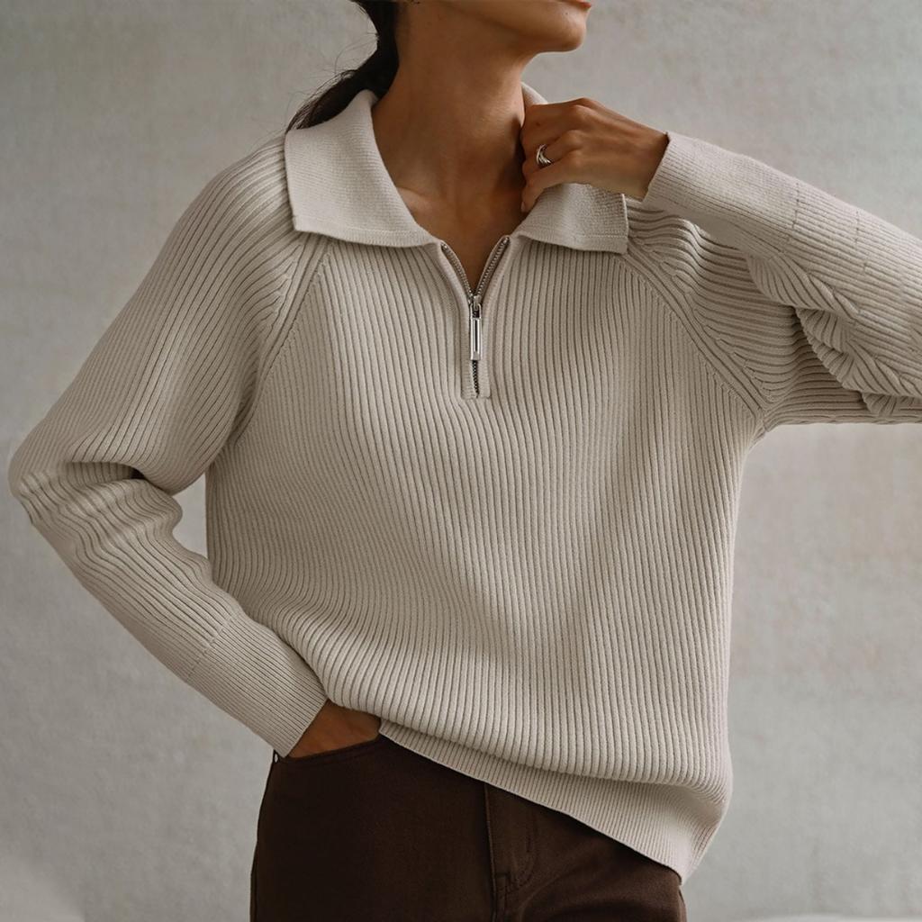 Fall Winter New Women's Casual Plain Polo Collar Pullover Knit Sweater European American Style Trendy Versatile Top