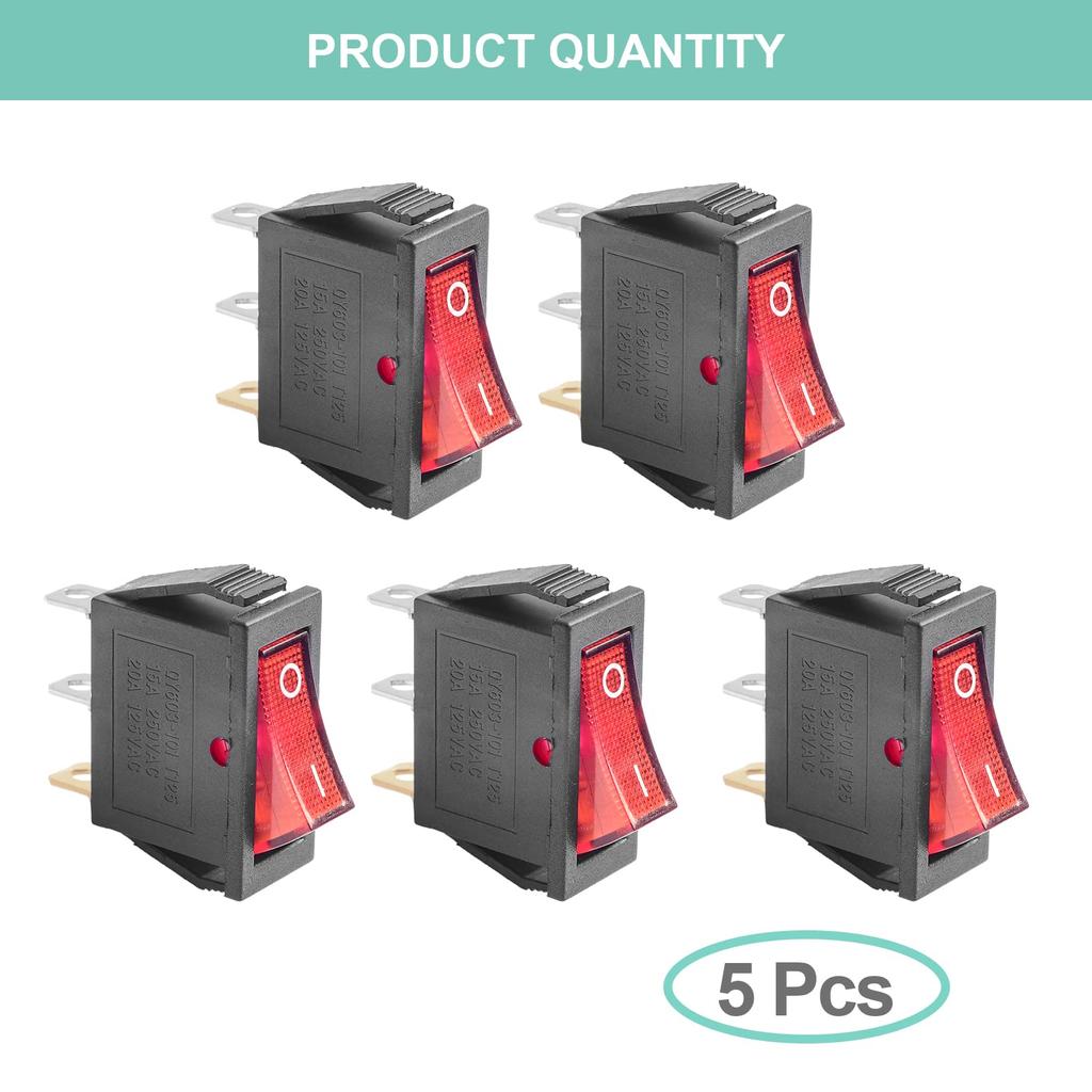 5Pcs AC 250V/15A, 125V/20A Red Illuminated LED On/Off SPST 3 Pin 2 Position Mini Marine Rocker Toggle Switch (Automotive Marine)