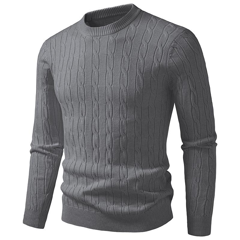 Men's Solid Color Round Neck Knitted Sweater Warm Casual Pullover with Fried Dough Twists for Spring Autumn
