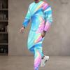 Men Plus Size Two Piece Set Round Neck Long Sleeve Top Cuffed Pants Colorful Swirl Printed