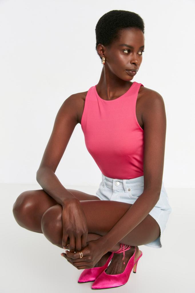 Women's Fashion New Bodysuit Green Halter Neck Fitted Flexible Snap Fastener Knitted Bodysuit