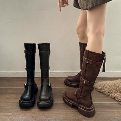 Узкие сапоги Детские осенне-зимние сапоги на платформе с квадратной пряжкой и круглым носком на толстом каблуке, сапоги-рыцари, ковбойские сапоги, женские сапоги