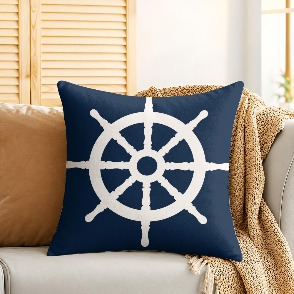 Navy Blue Nautical Ocean Boat Anchor Cushion Cover Silky Short Plush Invisible Zipper Dustproof Sofa Pillow Case For Home Decor