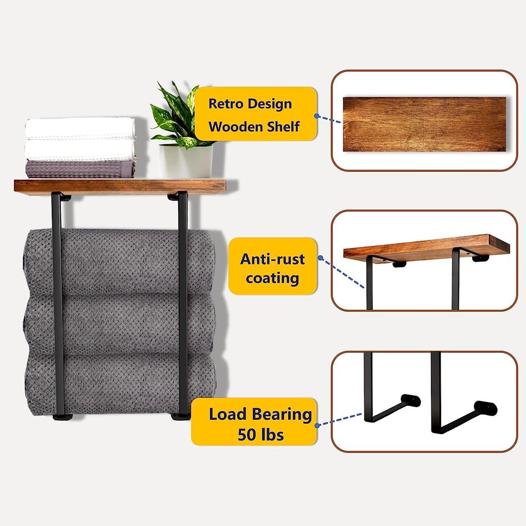 Double Pole Towel Storage Rack, Non Perforated Towel Storage Rack, Wall Mounted Black Iron Wood Bathroom Towel Rack