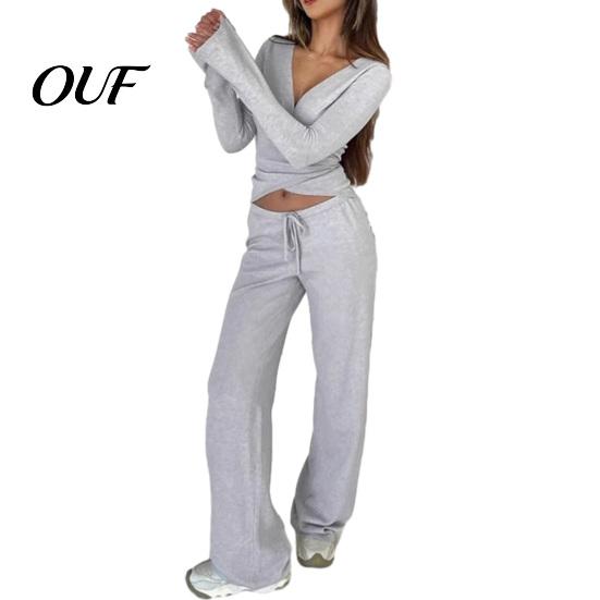 Soft Spring Autumn Clothes Women Sweatshirt Pants 2-Piece Set, V Neck Slim Fit Top & High Tops Waisted Wide Leg Trousers, Solid Color Lounge