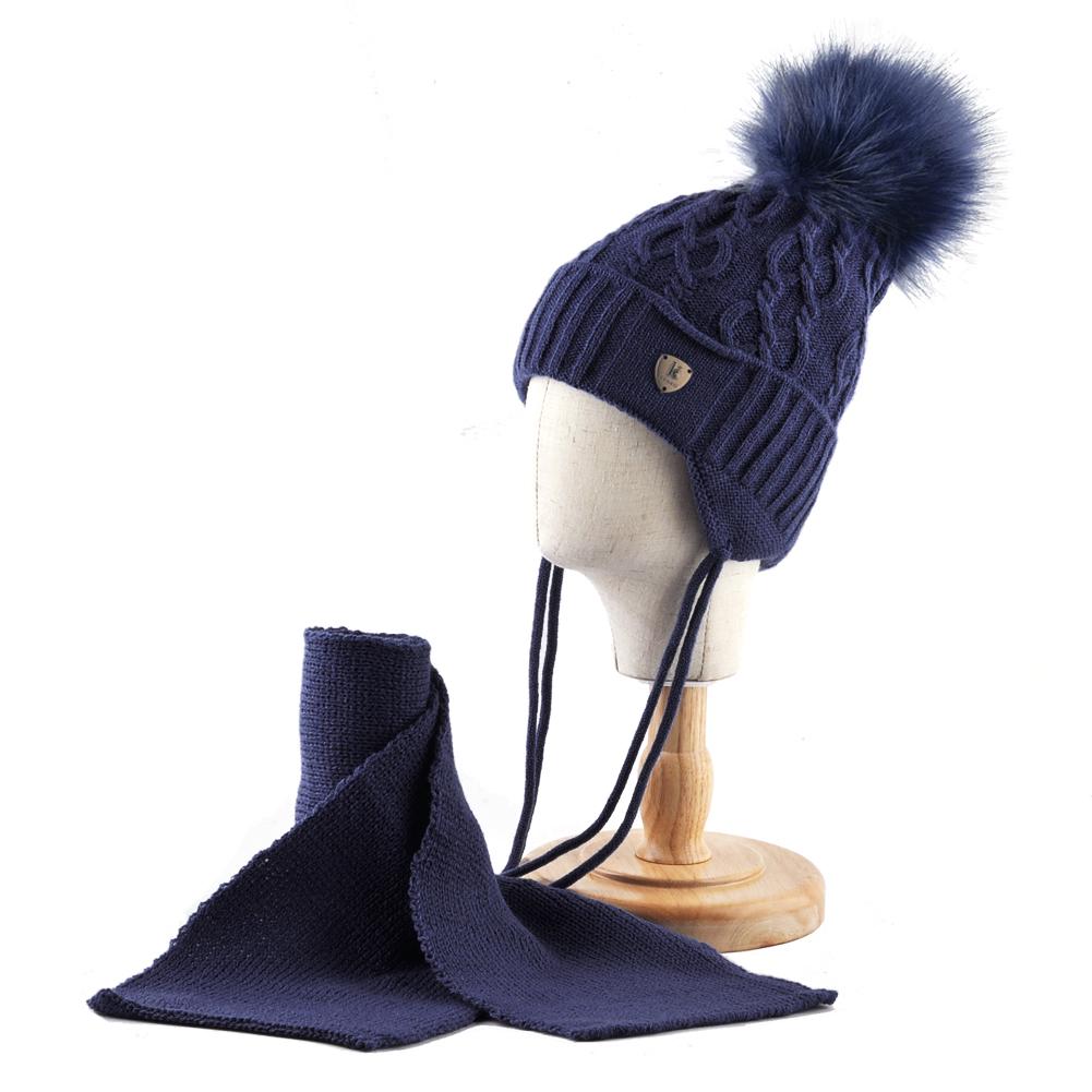 Winter Hats Scarf Set For Kids Warm Knitted Beanies With Pompom Children Twist Pattern Knit Hat Boys