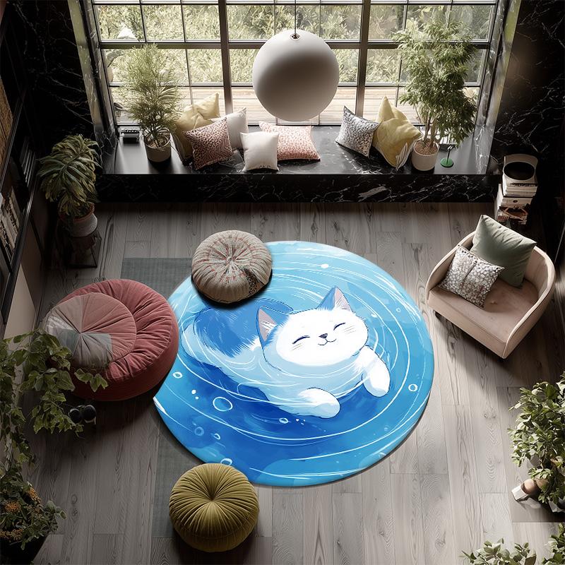 Кошка с рябью на воде, Круглый ковер, Ковер для гостиной, спальни, дивана, игровой комнаты, Декор, Нескользящий коврик для пола