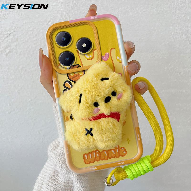 KEYSION Милый 3D мультяшный плюшевый чехол для Realme C63 C61 со шнурком Мягкий силиконовый противоударный чехол для телефона Realme C53 C51