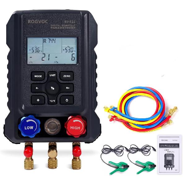 Digital Manifold Gauge HVAC Refrigerant Digital AC Gauge Set with 2 Thermometer Clamps for R22/R410A/R134A/1234YF Charging Kit