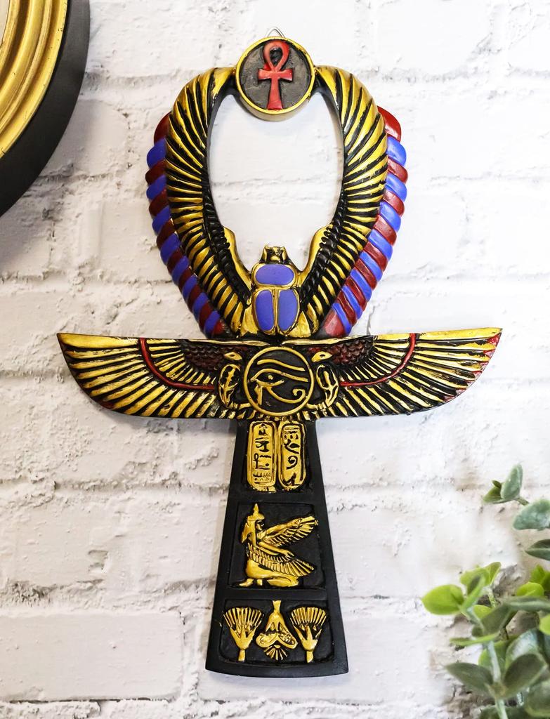 Ebros Crux Ansata Egyptian Golden Ankh with Wings Scarab Matte and Eye of Horus Wall Decor 3D Plaque Figurine Tall Hieroglyph Life Health and Balance