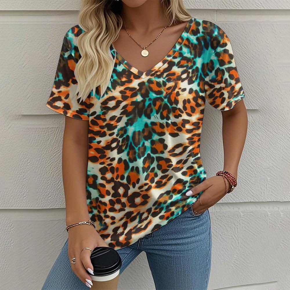 Летняя винтажная женская футболка Повседневная графическая печать Одежда больших размеров Верхняя одежда с V-образным вырезом и коротким рукавом Футболки уличной моды