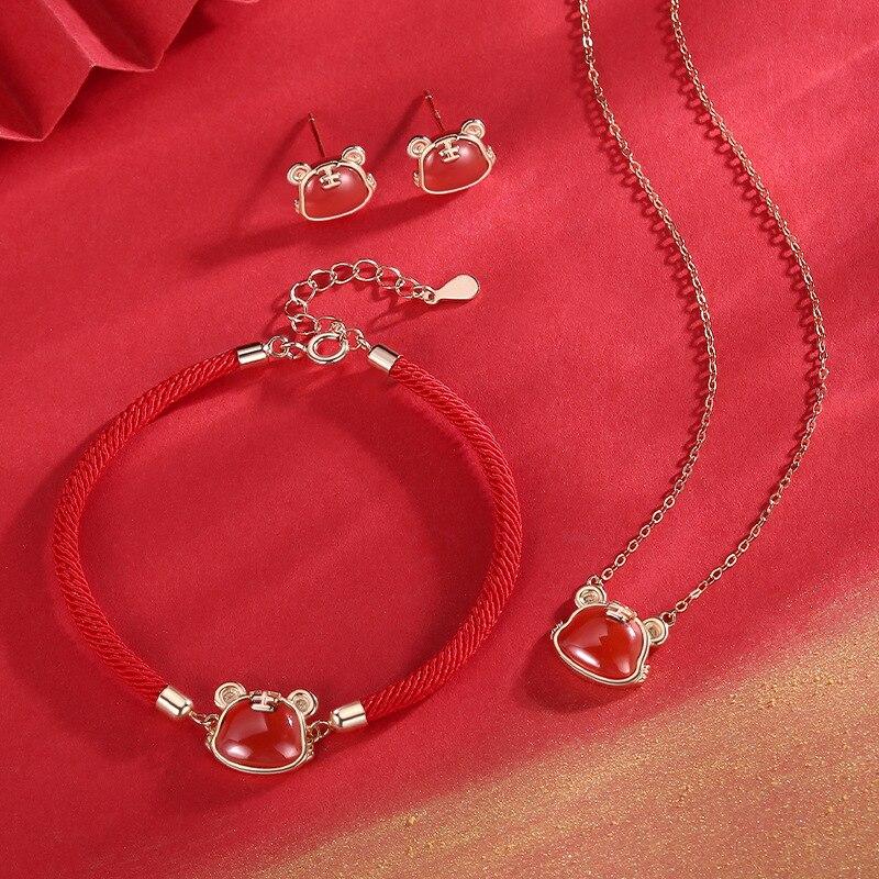 Chinese Style Original New Year Of The Tiger Zodiac Earrings Female S925 Sterling Silver Niche Design Red Agate Women Earrings