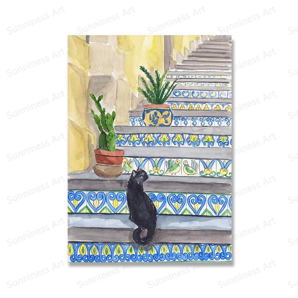 Sicily Steps Cat Vintage Canvas Painting Print Travel Traditional Portugal Poster Fruit Market Lemon Pictures Home Room Decor