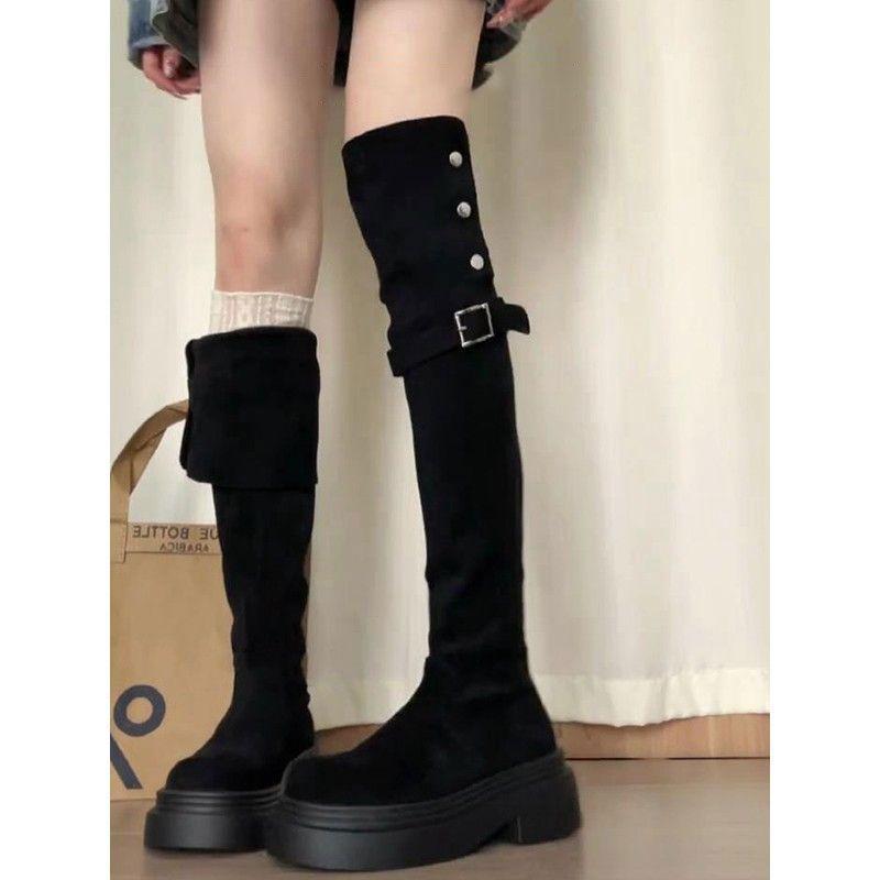 Двое ботфортов, ботинки на толстой подошве со складками, детские новые ботфорты-рыцари на толстом каблуке для осени и зимы