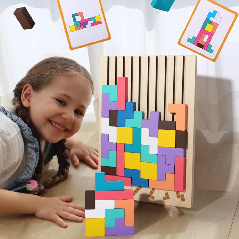 Красочная 3D русская строительная игра, снятие стресса, деревянная головоломка для укладки, 3D деревянные игрушки Монтессори для малышей