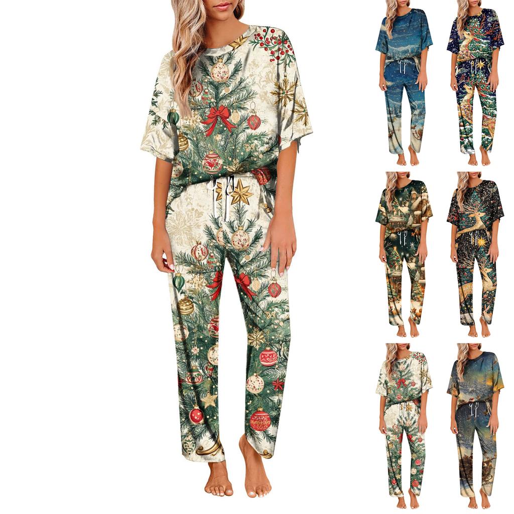 Женский шелковый атласный пижамный комплект с рождественским принтом, рубашка с коротким рукавом и длинные пижамные штаны, мягкая домашняя одежда