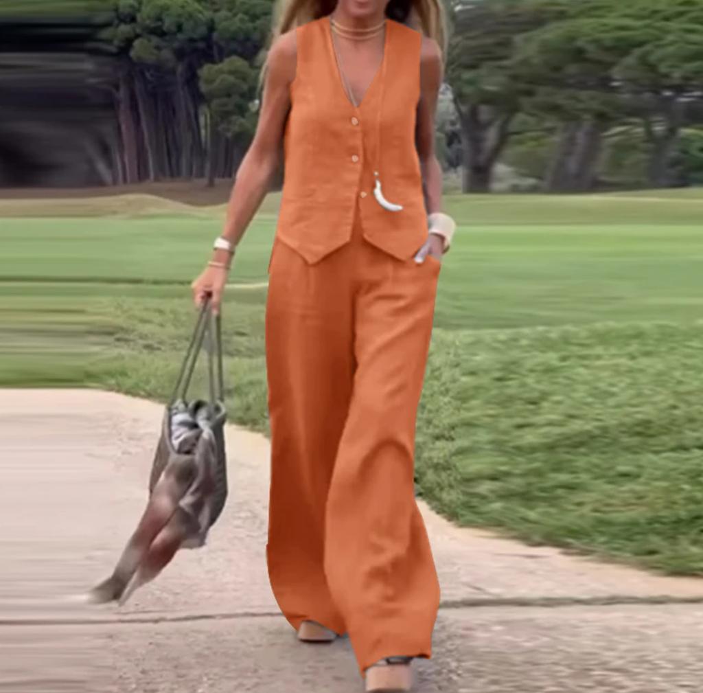 Повседневная повседневная одежда, женский жилет без рукавов и брюки, комплект из двух предметов