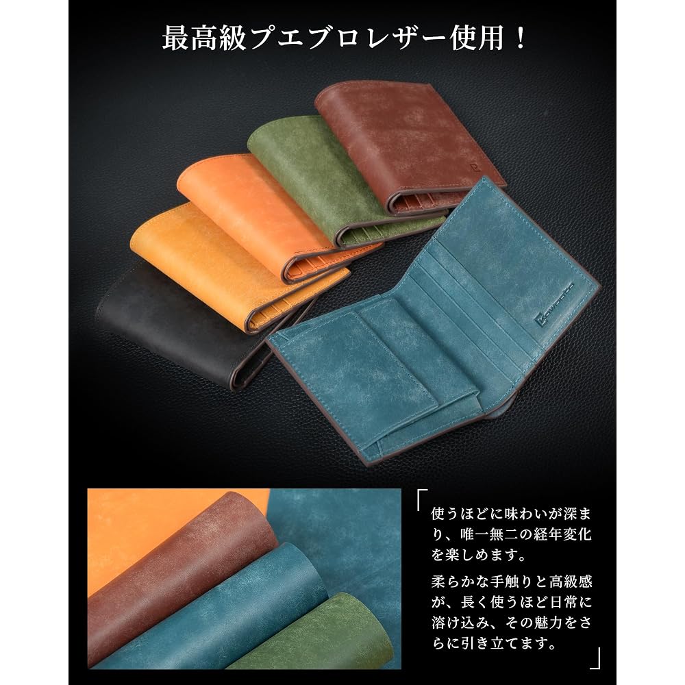 Kawaoto Men's Bi-fold Wallet, Pueblo Leather, Genuine Leather, Made in Japan, Slim, Compact, Small,