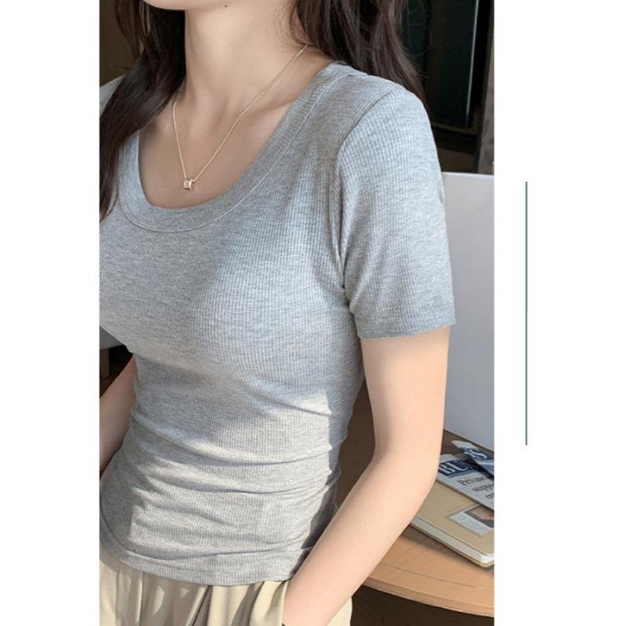 Round Neck Short Sleeved T-shirt for Women's Summer Wear with Solid Color Comfortable Breathable Bottom Layer Women's Clothing