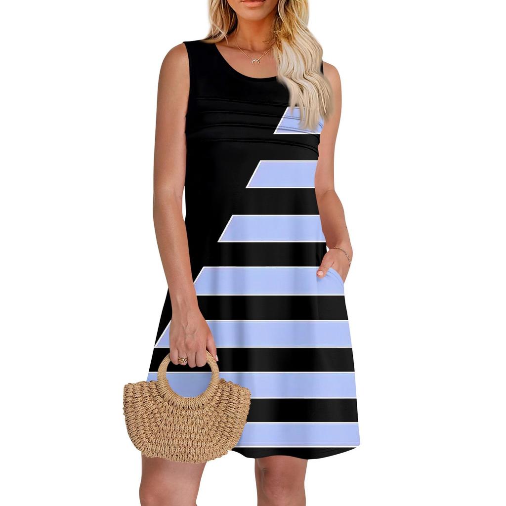 Женские летние платья с круглым вырезом, плиссировкой спереди, без рукавов, карманами, сарафаном, повседневным платьем