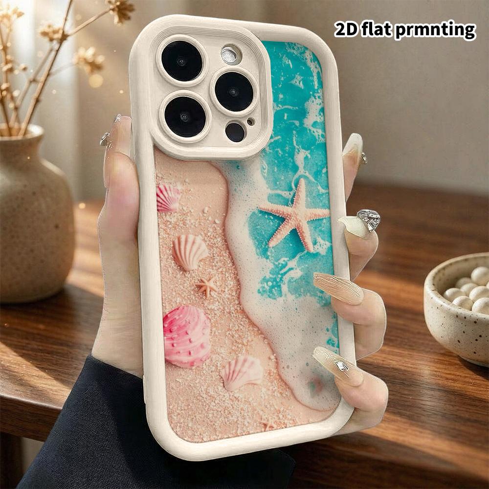 Phone Case: 2D flat design, fits iPhone 13 Pro to 18, stackable protective case, beach shell and starfish, Christmas and Halloween gift