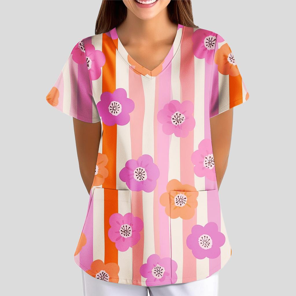 Женская свободная футболка/униформа с цветочным принтом, V-образным вырезом и короткими рукавами
