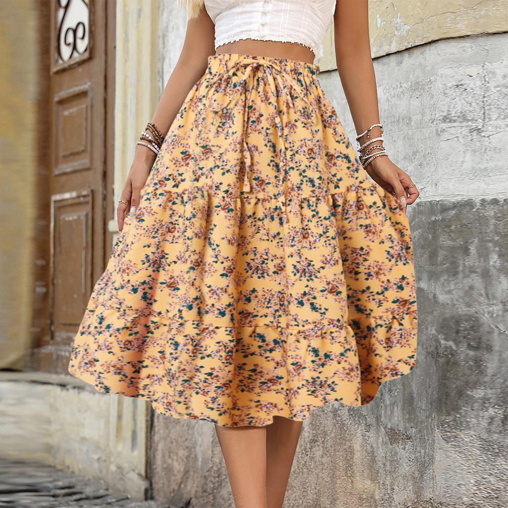 Women's Fashion Pleated Floral Print Elastic Waist Loose Lace Skirt
