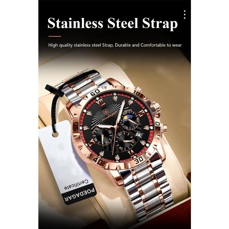 POEDAGAR Luxury Military Watch For Men Waterproof Luminous Chronograph Date Wristwatch Stainless Steel Quartz Watches