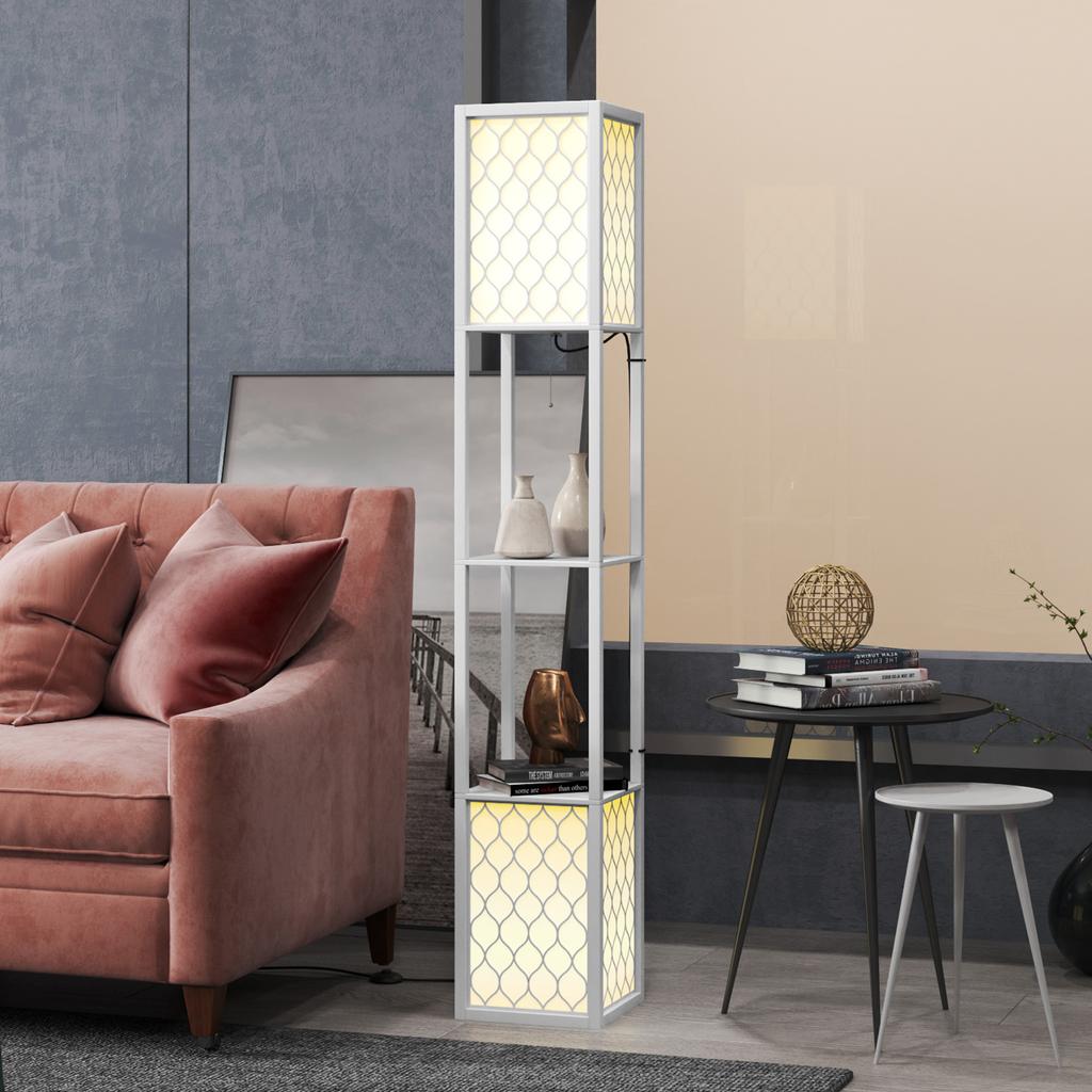 Floor Lamp in Modern Design, 2 Shelves, Pull Chain Switch, 26 cm x 26 cm x 156 cm, White