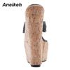 Aneikeh Summer Flip-flops Wedges Women's Shoes Fashion Classics PU Platform Head Peep Toe Thin High Heels Slippers Size 35-42