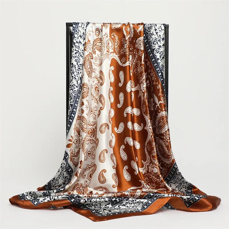 New Spring/Summer Orange Imitation Silk Neckerchief Outdoor Decoration Wraps for Women 90*90cm Cashew Print Square Scarf