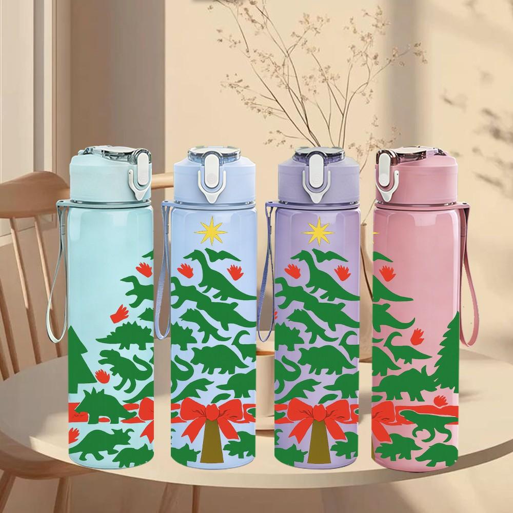 1PC Christmas Tree Pattern 750ml Color Plastic Sports Water Bottle Leakproof Flip Straw Lid Suitable for Sports Office Home Use