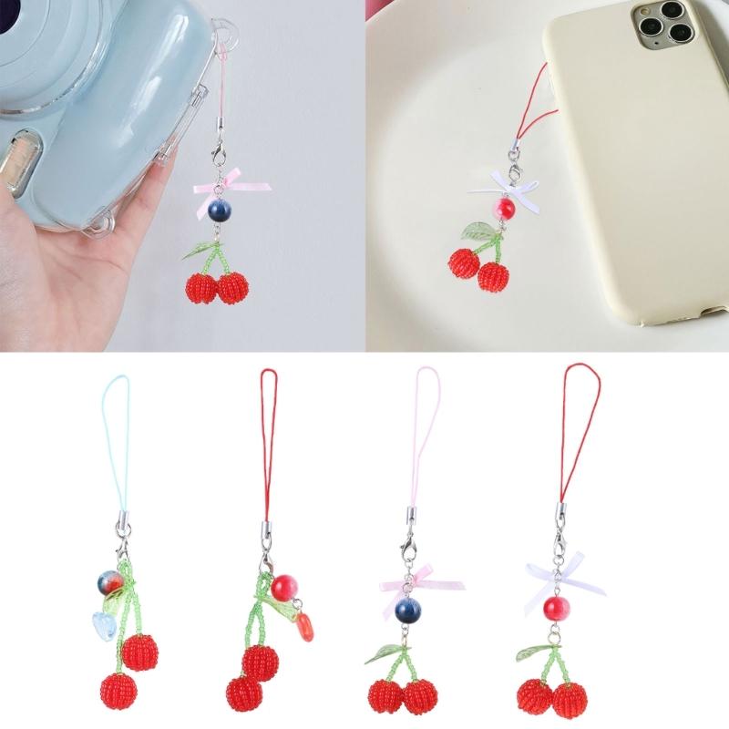 Beaded Cherries Pendant Sweet Phone Chain Strap Hanging Decoration Keychain Lanyard Small Gift for Women Girls