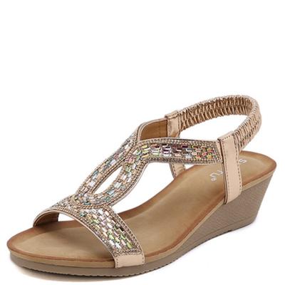 Модные кожаные сандалии на танкетке, повседневные, с дизайном из стразов, женские сандалии, летние, лучший уличный образ, женская обувь с квадратным носком и открытым носком