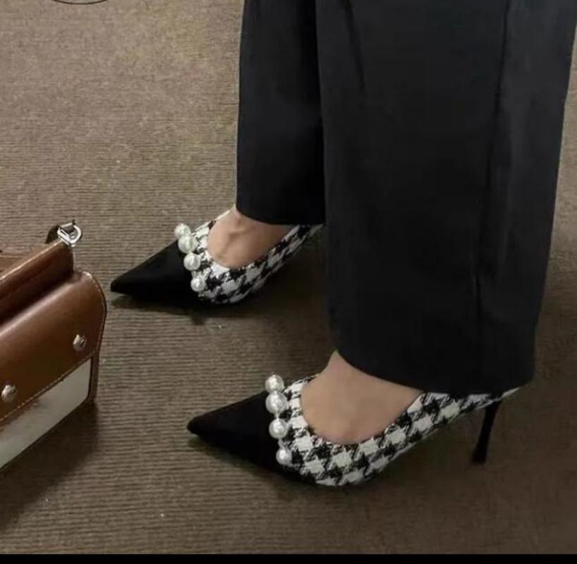 Fashion New Women Black High Heels Shoes Houndstooth Pumps Black Toe Costume Tweed Boat Shoes Pearls Designer Shoes Dress Work Shoes
