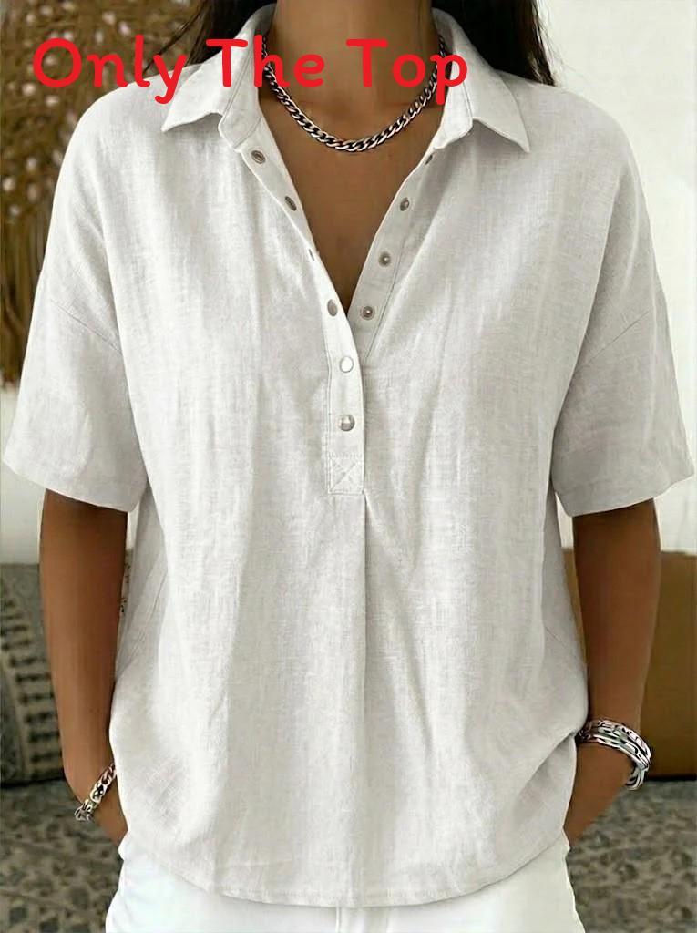Casual Linen Shirt For Women With Turndown Collar And Short Sleeves For Summer Comfort