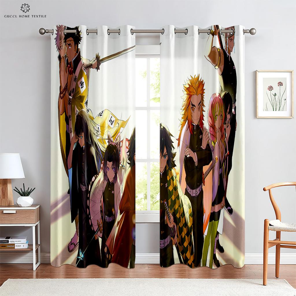 Hot-Blooded Anime Cartoon Printed Curtains, 100% Polyester, Rod Pocket Curtains, Kitchen, Living Room, Children's Room, 2 Pcs
