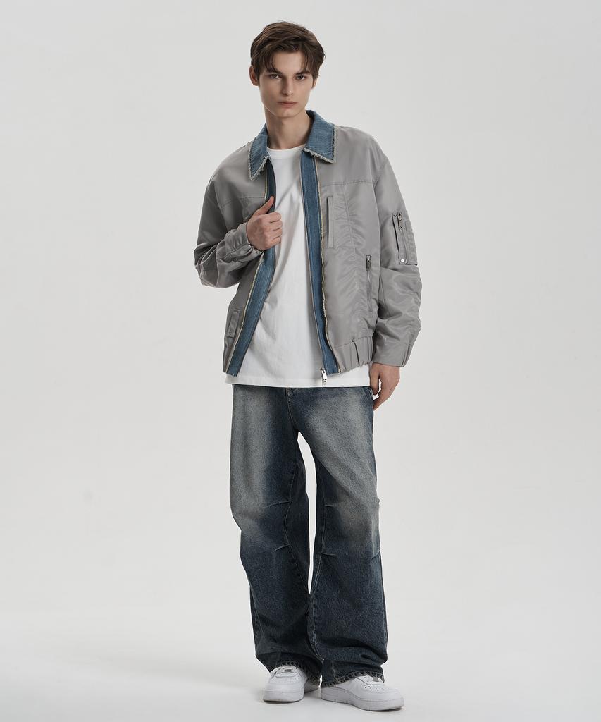 Znuz Denim Patch Nylon Bomber - Light Khaki