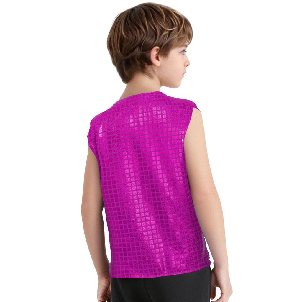 Boys Girls Dance Stage Performance Costume V Neck Sleeveless Asymmetrical Hem Button Metallic Plaid Vest