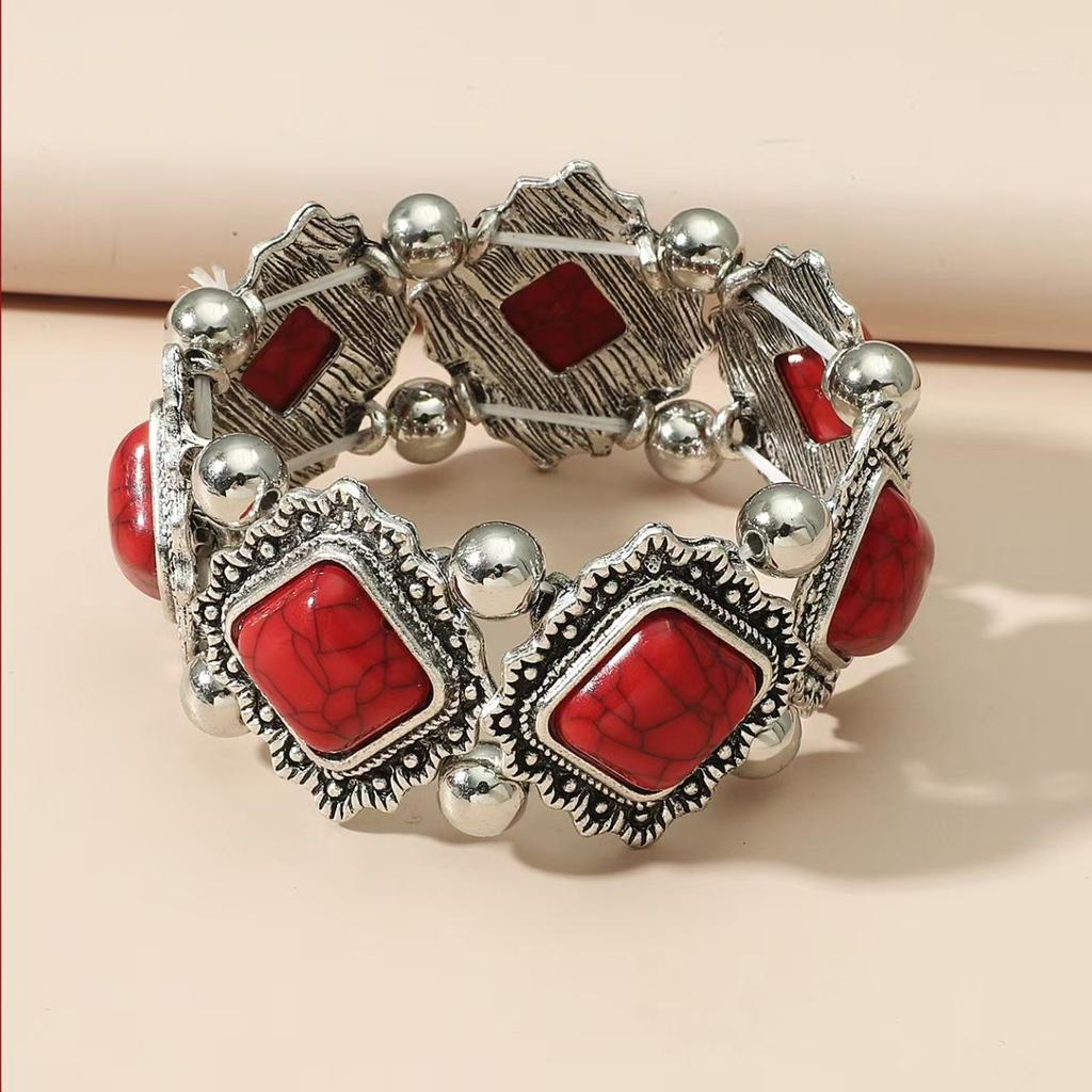 Ethnic Style Personalized Retro Alloy Turquoise Elastic Bracelet Women's Bohemian Bracelet Accessories